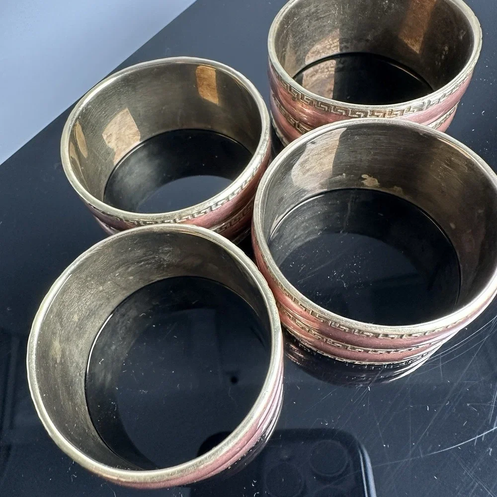 Vintage Set 4 Brass Copper Greek Key Mid Century Regency Napkin Holder Rings